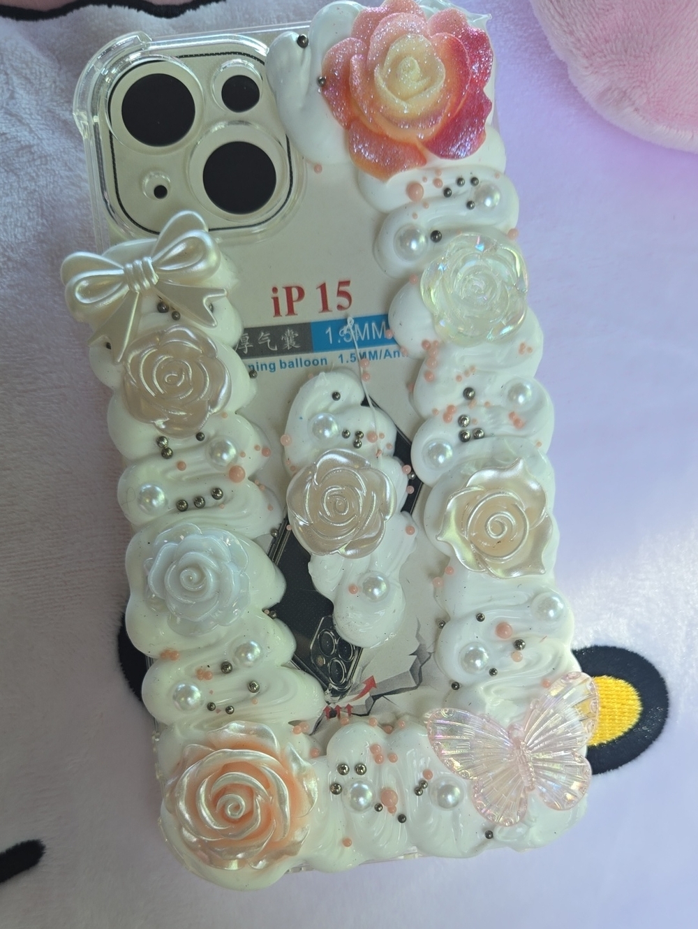 Decorative Floral Bling iPhone 15 Case - White & Pink